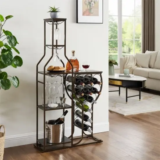 Floor Wine Rack, 5-Tier Wine Baker Rack With Glass Holder & Wine Storage, Small Liquor Bottle Holder With 11-Bottle Wine Rack For Home Living Room image {6}