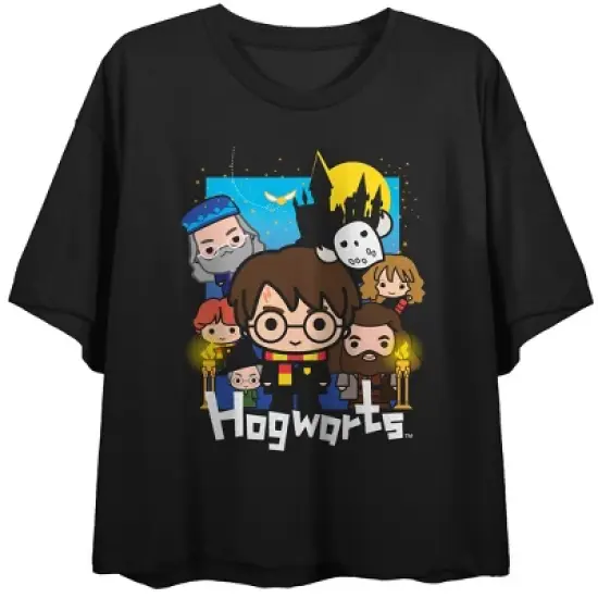 Harry Potter Chibi-Style Sorcerer's Stone Character Art Women's Black Graphic Crop Tee image {4}