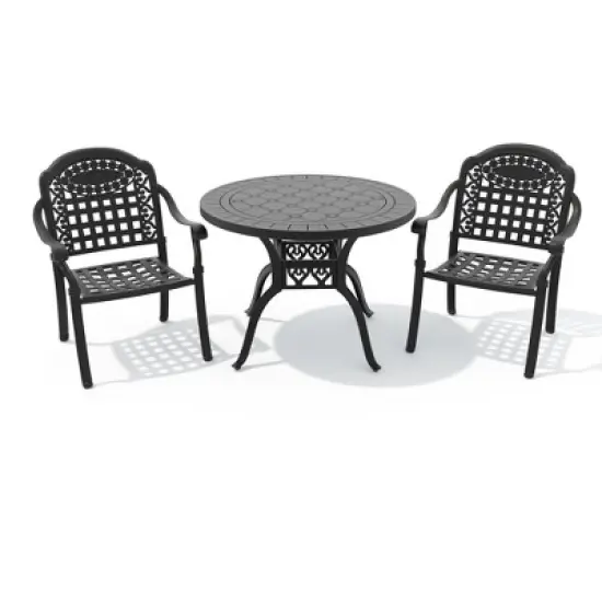 3-Piece Cast Aluminum Outdoor Dining Set with Blue Cushions, Round Table & Stackable Chairs - for Patio, Backyard image {2}
