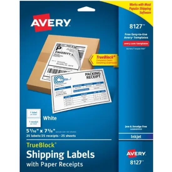 Avery Shipping Labels w/Paper Receipts and TrueBlock Technology for Inkjet Printers 5-1/16 x 7-5/8, Pack of 25 (8127) image {8}