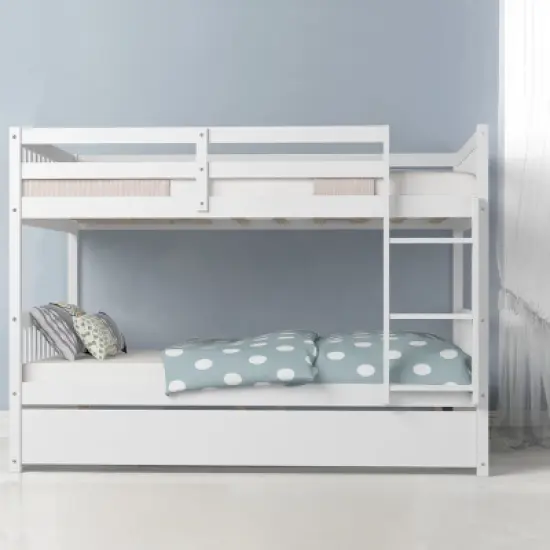 Costway Full over Full Bunk Bed Platform Wood Bed w/ Trundle & Ladder Rail Brown/White image {3}