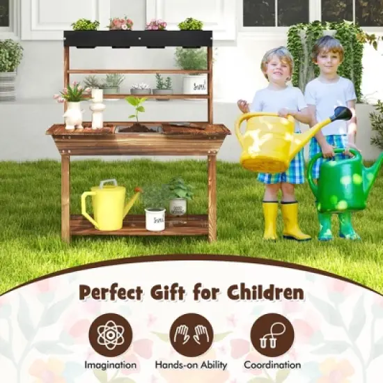 Tangkula Kids Potting Bench Wooden Toy Gardening Center w/ Removable Sink & Chalkboard image {9}