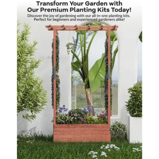 Raised Garden Bed With Trellis, 45 Inch Wood Planter Box With Side Trellis, Hanging Roof, and 4 Drainage Holes, Freestanding Elevated Garden Bed image {2}