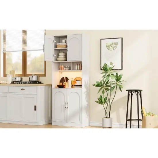 Kitchen Pantry Cabinet with RGB Lighting, Farmhouse Wood Hutch with Barn Doors, Microwave Stand, Two Open Shelves, Large Storage Cupboard image {5}