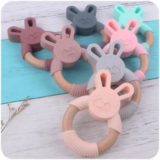 MyKids-USA Baby Food-Grade Teething Rattle, Teething Aid for Babies, Wooden and Silicone Rabbit Teething Bracelet image {3}