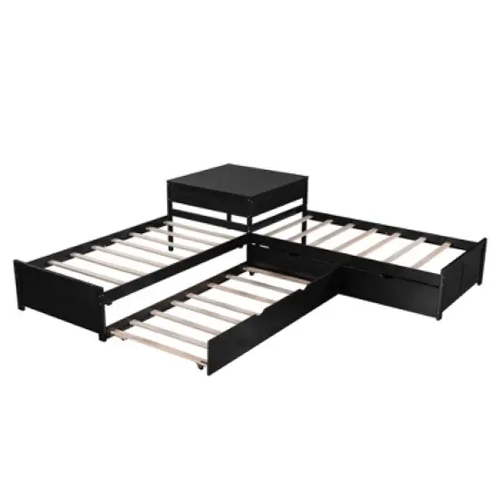 Twin Size Wood Platform Bed Frame, Triple Bed with Twin Trundle Bed, Drawers and Built-in Desk -ModernLuxe image {5}
