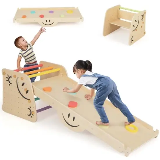Costway Wooden Climbing Toy Triangle Climber Set of 2 with Seesaw Dual-sided Ramp Indoor Colorful image {10}