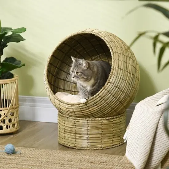 PawHut Cat Basket Bed with Cat Egg Chair Shape, Woven Elevated Cat Bed Kitty House, Raised Wicker Cat Bed for Indoor Cats, 20" Dia. x 23.5" H, Yellow image {2}