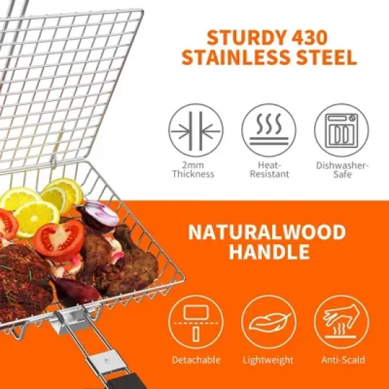 PAIHOME Stainless Steel BBQ Grill Basket with Cleaning Brush, Locking Non-Stick Grilling Tool for Ingredients, Outdoor Barbecue Accessories image {5}