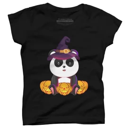 Girl's Design By Humans Cute Panda Mock up Witch With Jack O Lantern Halloween T-Shirt By thebeardstudio T-Shirt image {3}