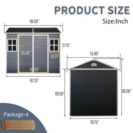 8 x 6 ft Resin Outdoor Storage Shed Waterproof Shed with Floor & Two Windows & Lockable Door, Tool Shed for Garden, Patio, Backyard,Gray image {2}