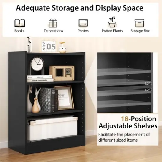 Costway 3-Tier Bookcase Open Multipurpose Display Rack Cabinet with Adjustable Shelves Black/Brown image {6}