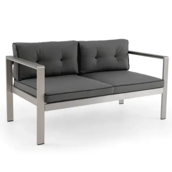 Costway Patio Aluminum Loveseat Sofa Outdoor Chair with WPC Armrests & Cushions Backyard image {9}