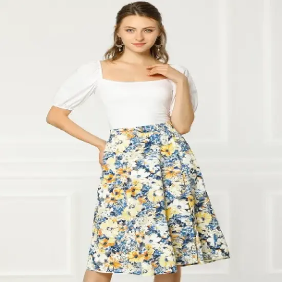 Allegra K Women's Boho Floral High Waist Split A Line Midi Skirt image {3}