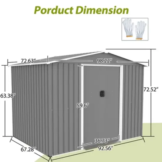 Gulches 8x6 FT Outdoor Tool Storage Shed with Metal Foundation & Lockable Doors,  All Weather Metal Sheds for Garden, Patio, Backyard, Lawn, Gray image {4}