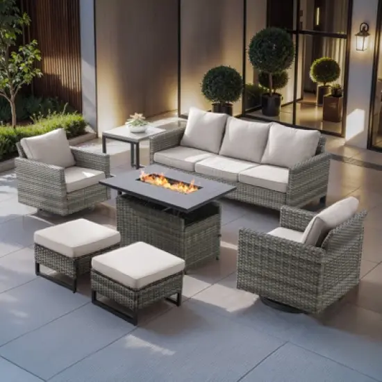 Buenhomino Outdoor Wicker Patio Furniture Set with 43" Propane Fire Pit, Swivel Patio Chairs Set with Sofa Couch, Fire Pit Table and Ottoman image {16}