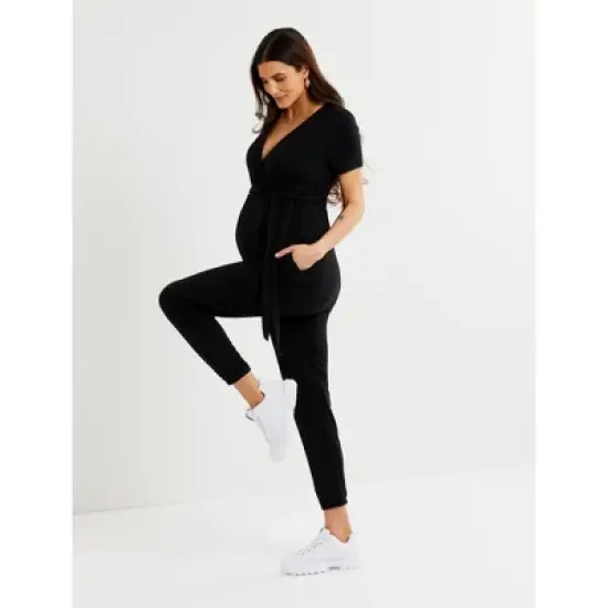 LUXEssentials Short Sleeve French Terry Super Soft Maternity Jumpsuit | A Pea in the Pod image {3}
