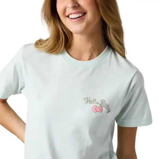 Hello Kitty Puff Print Character With Bow & Heart Women's Light Green Crew Neck Short Sleeve T-shirt image {3}