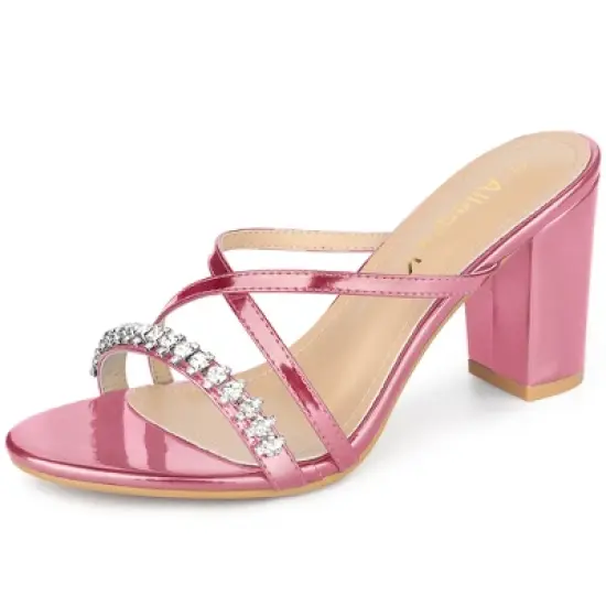 Allegra K Women's Crisscross Strap Rhinestone Block Heel Slide Sandals image {9}