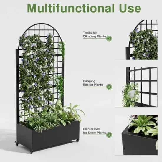 PexFix 71" x 35.4" Tall Wrought Iron Garden Arched Trellis with Planter Box Black Outdoor Plant Support for Climbing Flowers Vines Patio Yard Decor image {4}