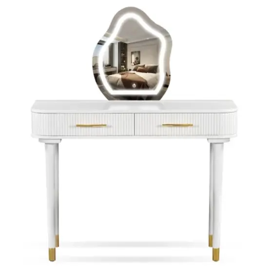 TOBILI 40" Modern Vanity Table Set with Mirror Touch Screen Lighted Mirror, Dressing Table and Cushioned Stool Set with 2 Large Drawers, White image {4}