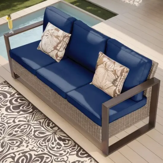 COWLOWN Dark Blue Outdoor Rattan Patio Sofa, 3-Seat Wicker Couch with Armrests and Cushions, Weather-Resistant Furniture for Backyard, Garden, Porch image {2}