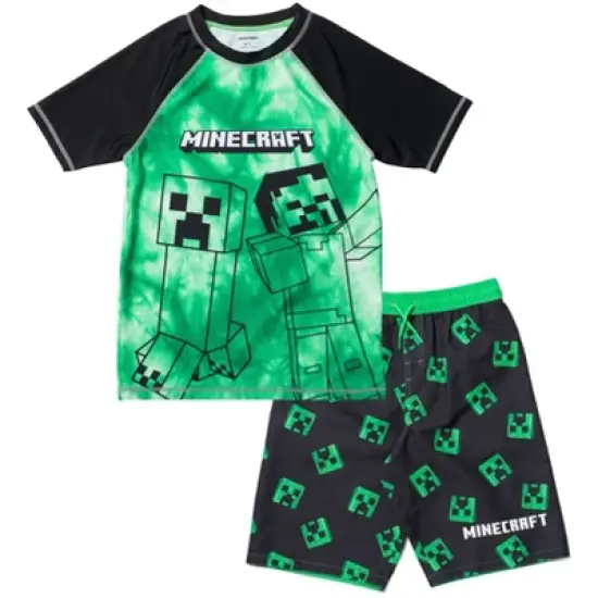 Minecraft Zombie Creeper Alex Steve Rash Guard and Swim Trunks Outfit Set Little Kid to Big Kid image {10}