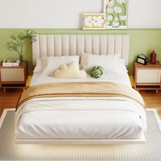 Queen Size Upholstered Floating Velvet Platform Bed with Sensor Light and Headboard-ModernLuxe image {1}