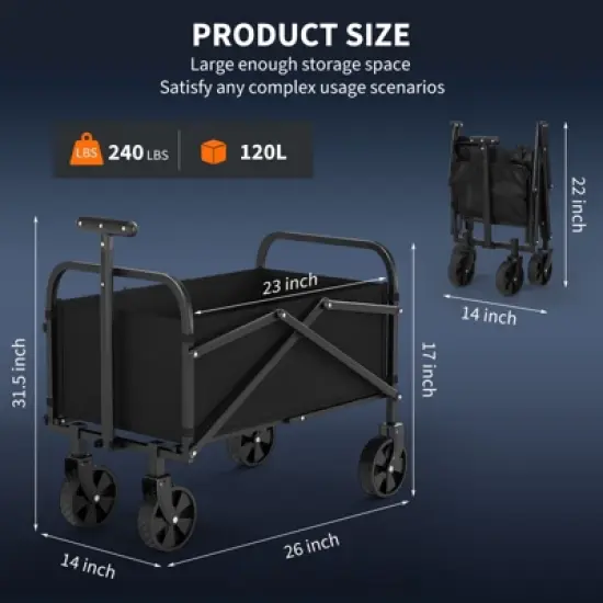 Acekool Foldable Utility Wagon Cart, 240lb Capacity, All-Terrain Wheels, Adjustable Handle, Collapsible Outdoor Cart for Shopping & Camping image {6}