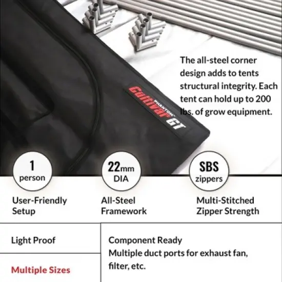 PHANTOM Cultivar GT44 4 by 4 Feet All Steel Grow Tent with 200 Pound Weight Capacity, High Reflectivity Diamond Mylar, and Genuine SBS Zippers image {2}