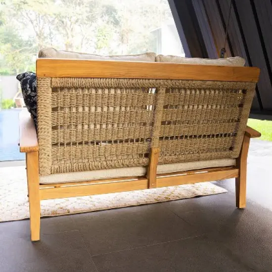 Cambridge Casual Carmel Teak Wood Patio Outdoor Loveseat with Tan Cushion image {2}