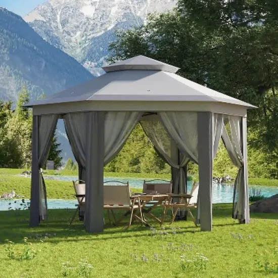 10x10 FT Pop Up Canopy Tent, Gazebo with Mosquito Netting, Adjustable Height Outdoor Gazebo image {9}
