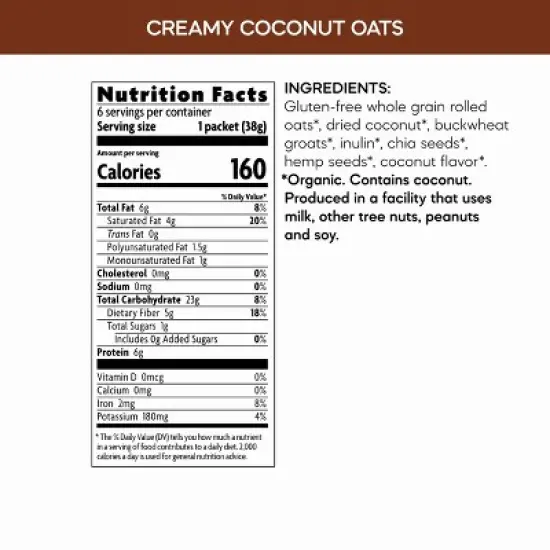 Nature's Path Qi'a Organic Creamy Coconut Oatmeal 6pk/48oz image {5}