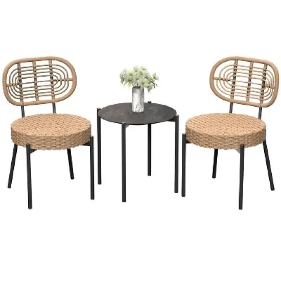 3 Pieces Patio Set Outdoor Wicker Bistro Set All-Weather Rattan Deck Conversation Set of 3 with Table & Cushions for Deck Patio Balcony Backyard image {7}