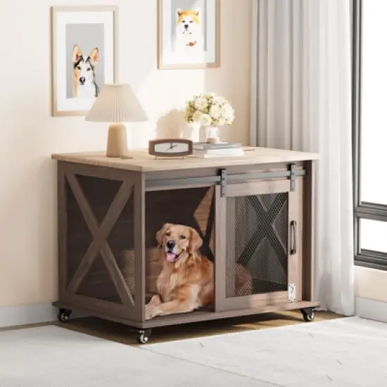 ODK 37" Dog Crate, Farmhouse Dog Crate Furniture with Sliding Barn Door, Flip Top Wooden Dog Kennel End Table, Indoor Dog Cage House for Medium Dogs image {9}