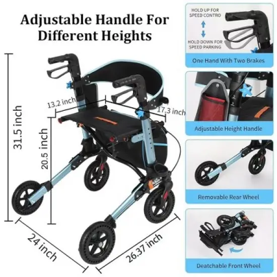 JUJABU Lightweight Foldable Rollator Walker with Seat, 8" All-Terrain Rubber Wheels, Backrest, Handles, Aluminum Frame for Seniors & Adults image {1}