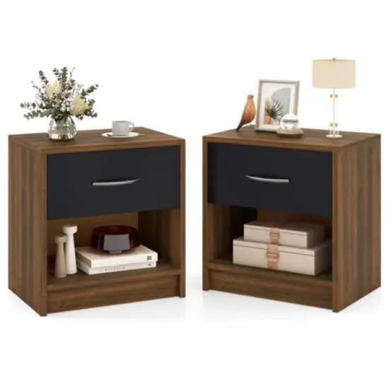 Tangkula 2 PCS Nightstand w/ Drawer Side Table w/ Slide-out Drawer Open Storage Shelf image {9}