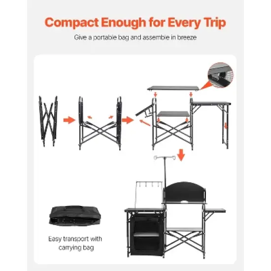 VEVOR Camping Kitchen Table, Outdoor Camp Cooking Table, Aluminum Portable Cook Station with Storage Cupboard, Carrying Bag, Black image {5}