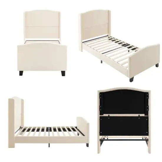 Twin/Queen/King Size Platform Bed Frame with Upholstered Headboard, Teddy Velvet, Ivory White - ModernLuxe image {5}