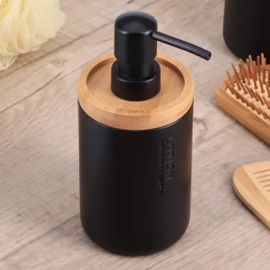 Evideco French Home Goods Elegant Soap Dispenser - Polyresin and Bamboo Design, Refillable Liquid Pump image {9}