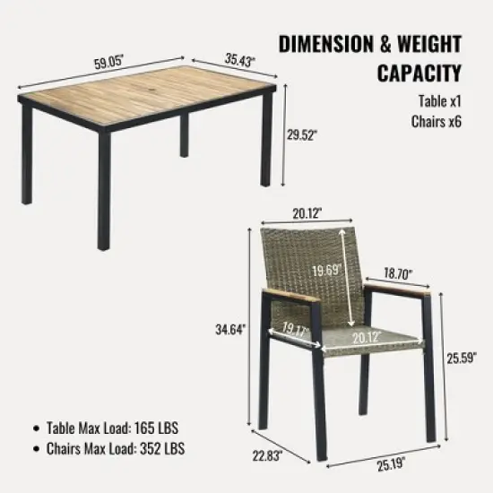 FIONECA All-Weather 7-Piece Patio Dining Set with Acacia Wood Table Top & Umbrella Hole, Brown Gray Rattan Outdoor Conversation Set image {9}