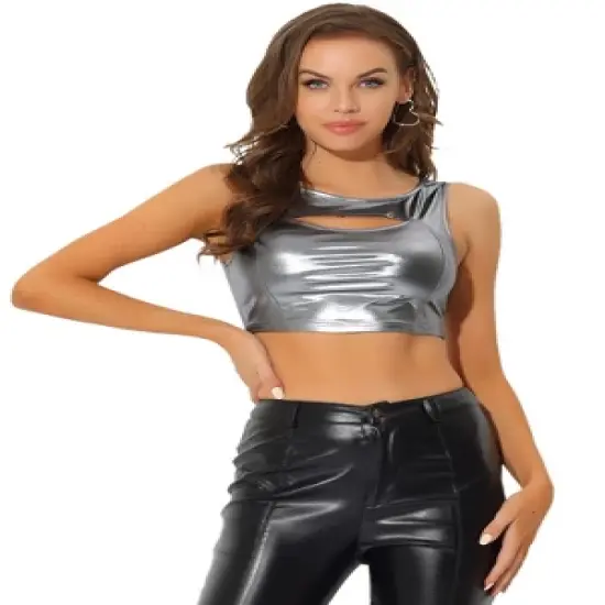 Allegra K Women's Metallic Crop Shiny Sleeveless Cut Out Party Clubwear Holographic Tank Tops image {13}