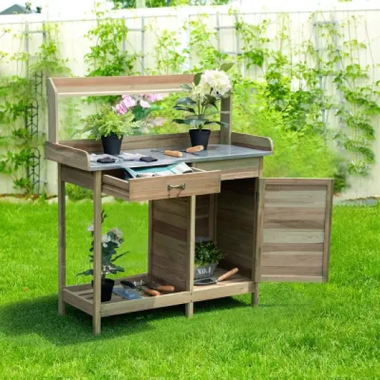 Costway Outdoor Potting Bench Garden Wooden Work Station Metal Tabletop Cabinet Drawer image {3}