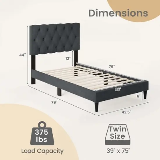 Costway Twin/Full/Queen Size Bed Frame with Button-Tufted Headboard & Wooden Slats Easy Assembly image {2}