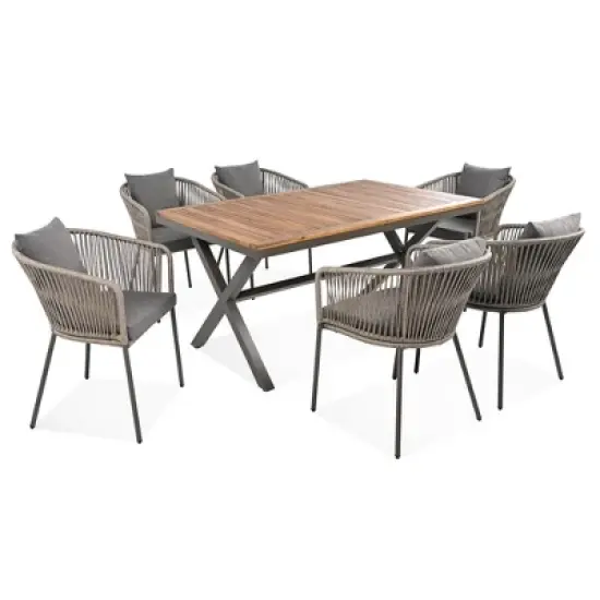 FIONECA 7-Piece Outdoor Patio Dining Set with Acacia Wood Tabletop & Metal Frame, All-Weather Chairs for Garden, Backyard, Balcony &uml;C Grey image {7}