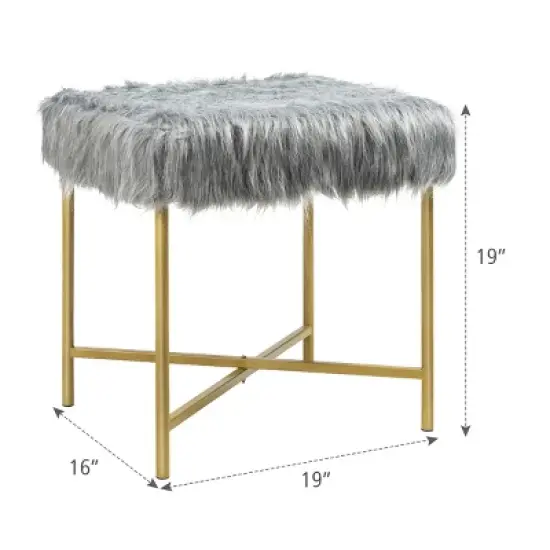 Costway Faux Fake Fur Stool Ottoman Footrest Stool Decorative with Metal Legs GreyPinkWhite image {1}