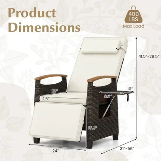 Costway 1/2 PCS Patio Wicker Recliner Chair with Adjustable Backrest Footrest Flip Side Table White/Black image {3}