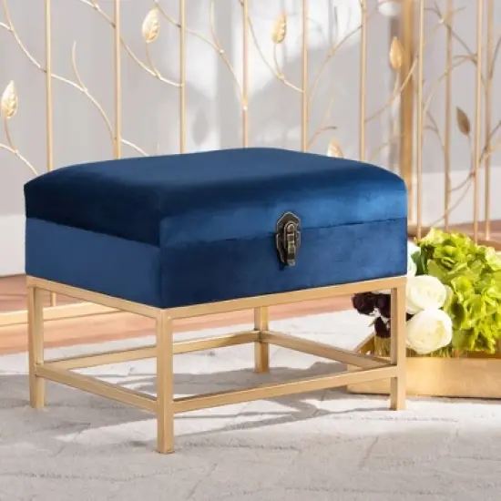 Aliana Fabric and Metal Ottoman Navy Blue/Gold - Baxton Studio image {6}