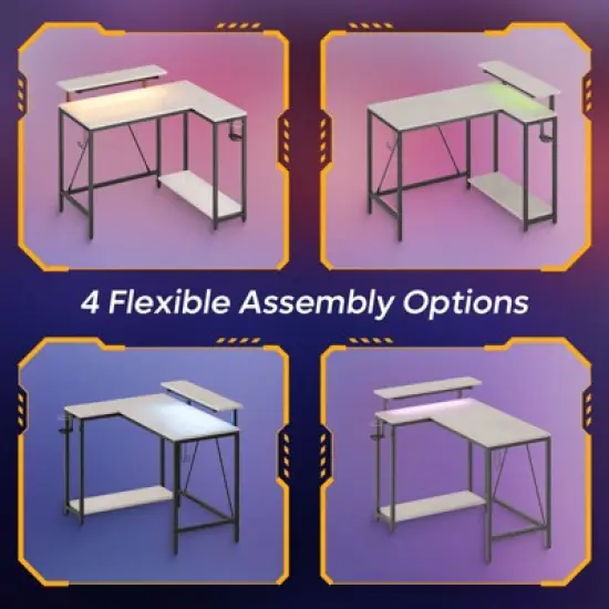 Pinmoco 42 inch Reversible L-Shaped Gaming Desk with LED Light Monitor Stand Headphone Hook & Storage Shelves for Home Office image {12}