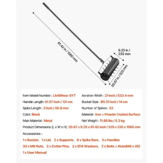 VEVOR Rolling Lawn Aerator, 21-inch Heavy-Duty Manual Rolling Aerator Lawn with Detachable Handle and 33 Iron Spikes, Black image {7}